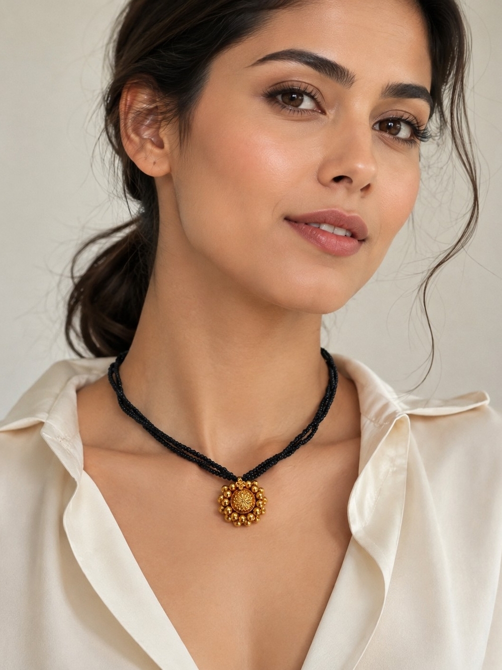Black Beaded Necklace with Gold Floral Medallion